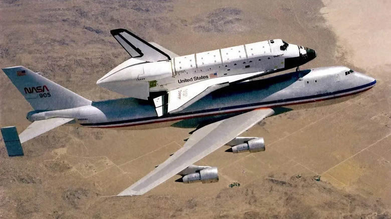 The Space Shuttle orbiter Challenger atop NASA's Boeing 747 Shuttle Carrier Aircraft