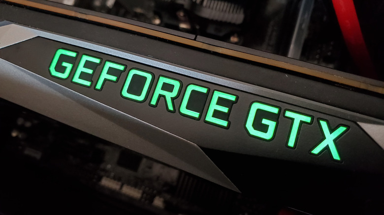 Close-up view of Nvidia GeForce GTX graphics card branding