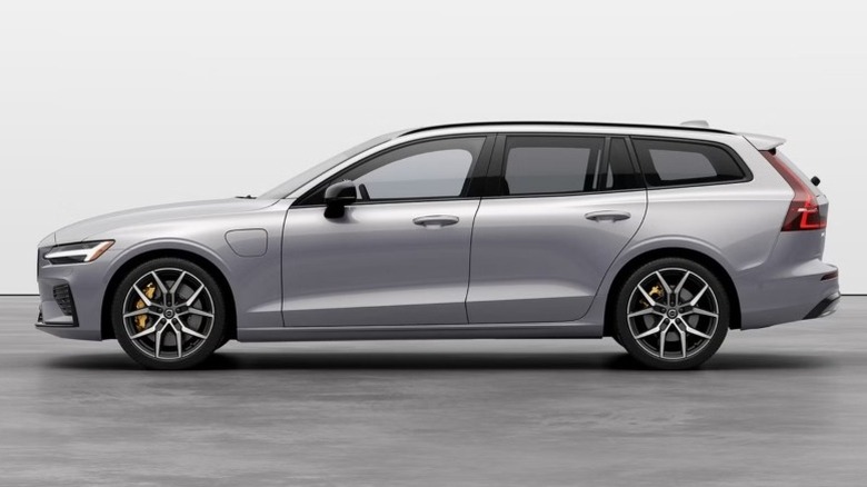Profile view of a silver V60 Polestar Engineered plug-in hybrid wagon