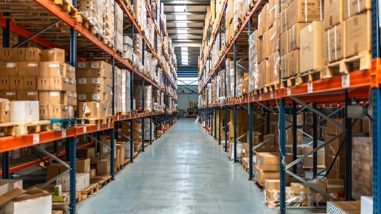 Warehouse aisle full of products