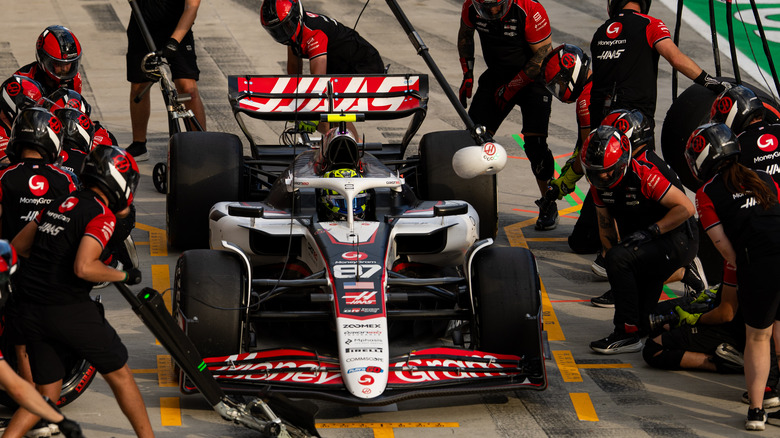 Haas F1 car during pit stop