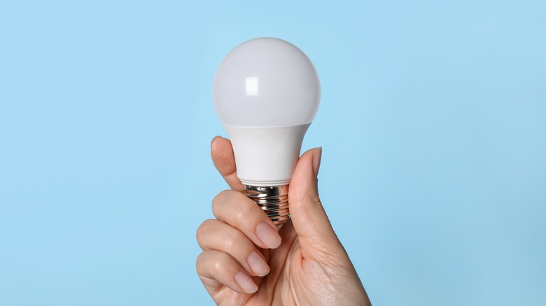 A hand holding an LED bulb with blue background