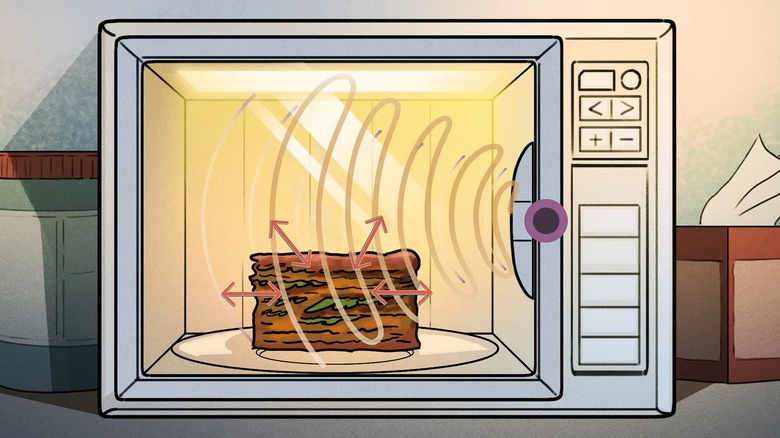 An illustration of wavelengths inside a microwave cooking food