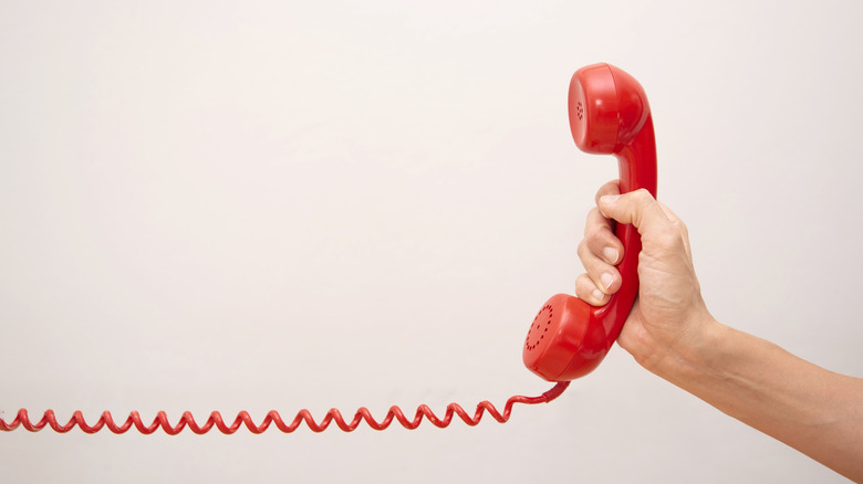 Person holding a landline phone with a coiled cord