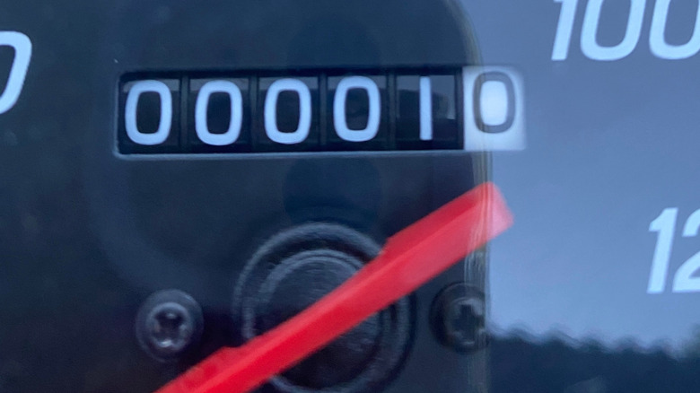 Close-up of an odometer showing 000010
