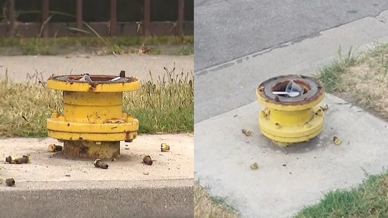 Split Image Two Angles Of What's Left Following A Fire Hydrant Theft