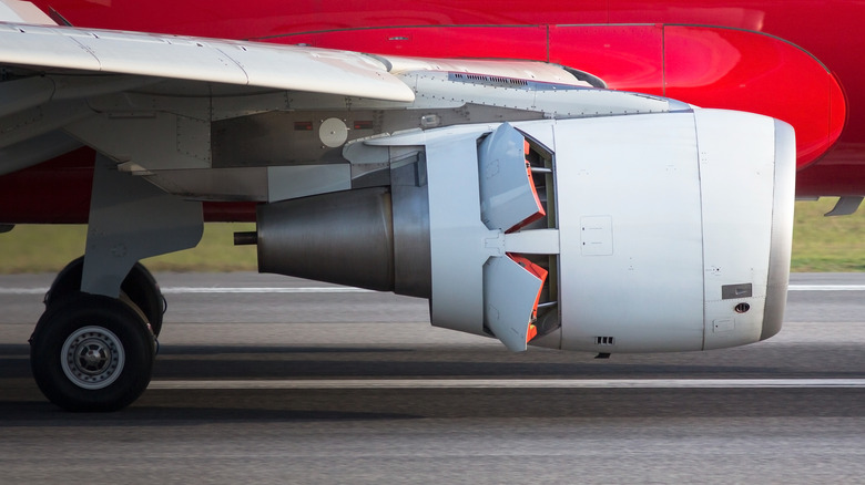 Close-up of cold stream reverser assisting landing, right-side engine visible