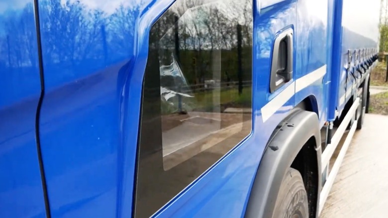 Close up view of a truck door window