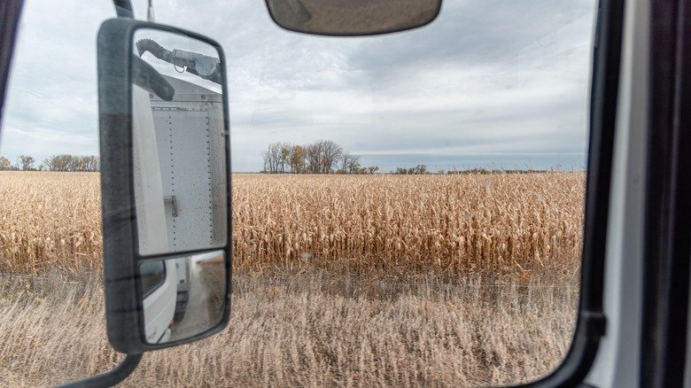Side view mirror in a semi truck cabin