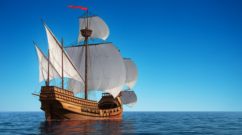3D art of a caravel at sea