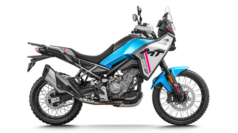 A blue, black and pink CFMOTO 450MT adventure motorcycle