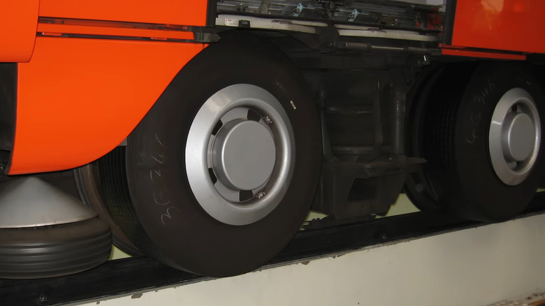 Closeup of rubber tires on metro