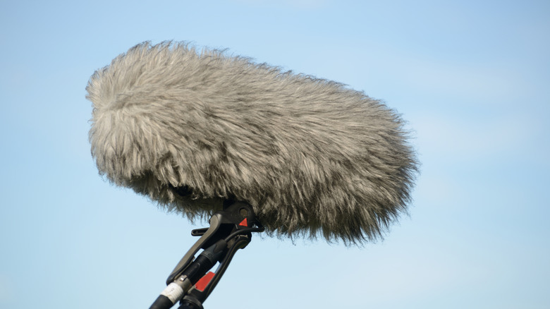 A fuzzy wind muff on a boom-mounted microphone