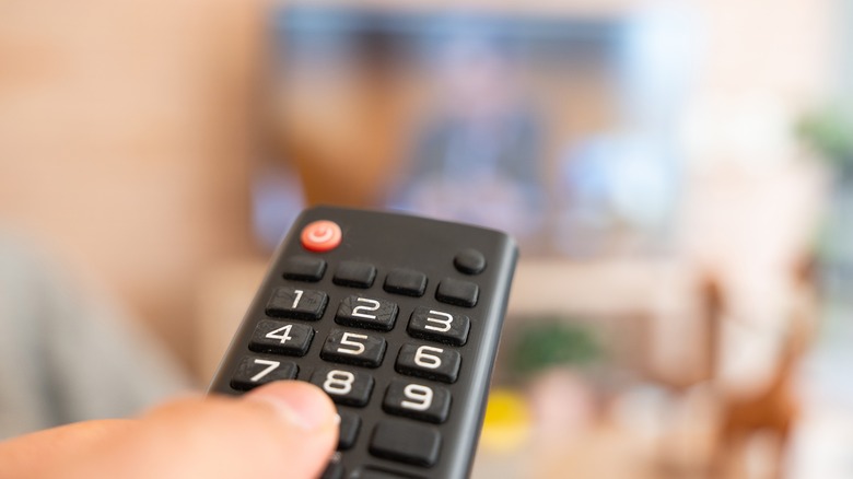 Hand holding remote pointing at TV