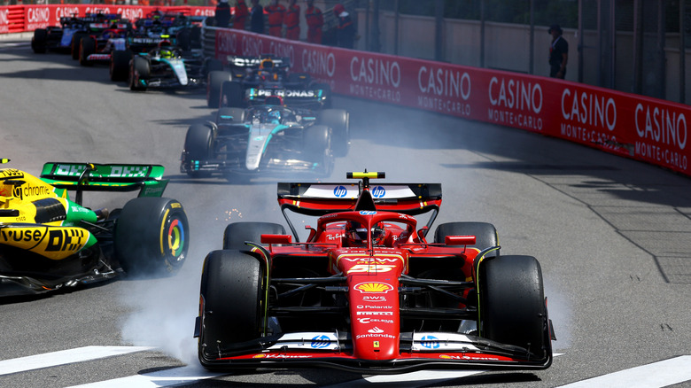 A Ferrari SF-24 locks a wheel under braking during the F1 Grand Prix of Monaco