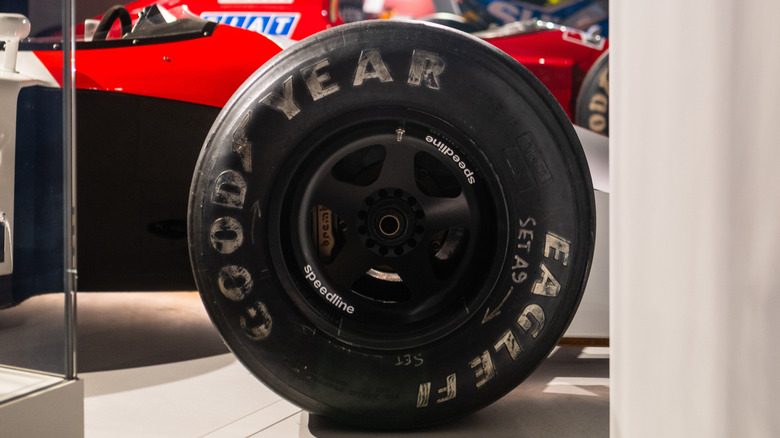 Close up detail of the Goodyear eagle f1 tyre, speedline wheel and brembo brakes