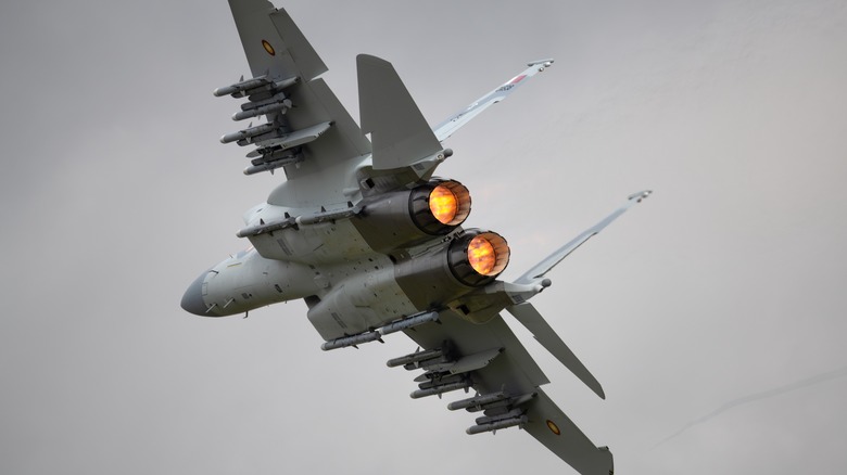 A Boeing F-15QA Eagle jet fighter against a cloudy sky