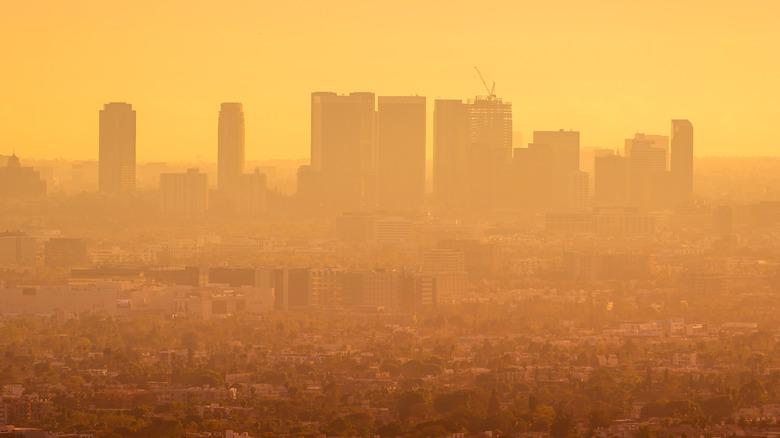 A sunset highlights a blanket of smog over the Los Angeles skyline - one of the most traffic ladened and polluted cities in America.