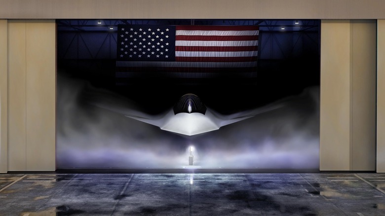 Graphical render of Boeing F-47 concept with American flag above it