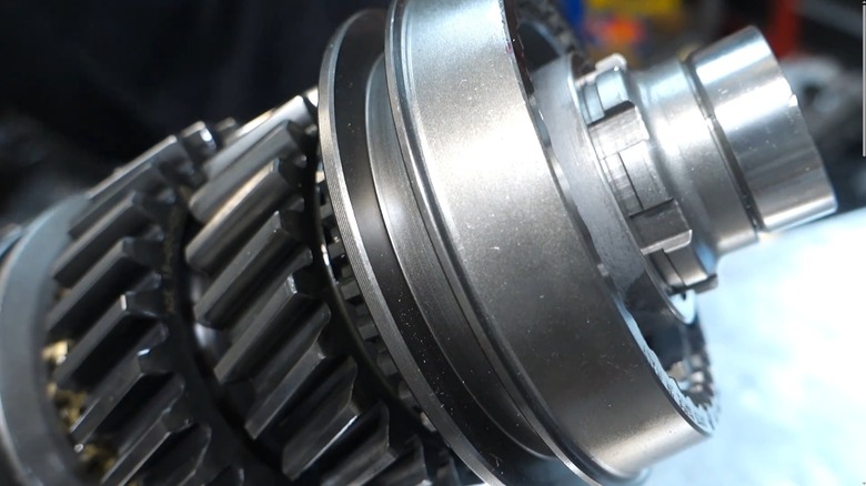 Close-up of gears on Muncie M22 input shaft during disassembly