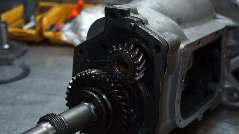 Close-up of Muncie M22 disassembled showing gears, front-view