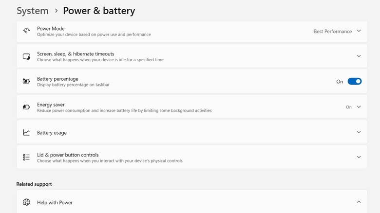 Power & battery windows on a Windows 11 laptop.