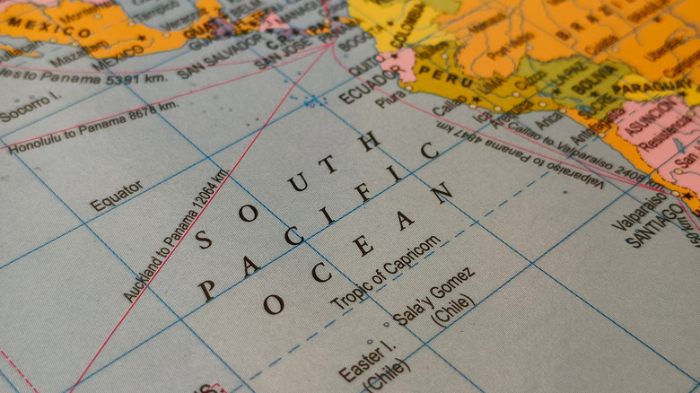 South Pacific Ocean region, location or territory mark drawing on a map with some famous country names words or text written on the surface