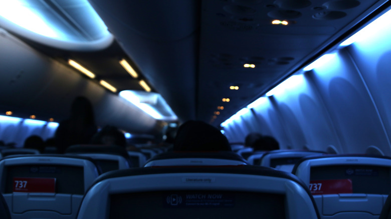 Interior of an airplane with dim blue lighting