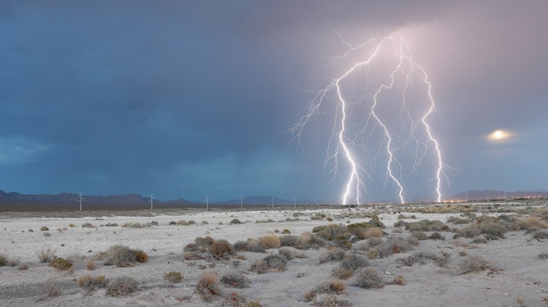 Multiple lightning strikes reaching the ground in the desert