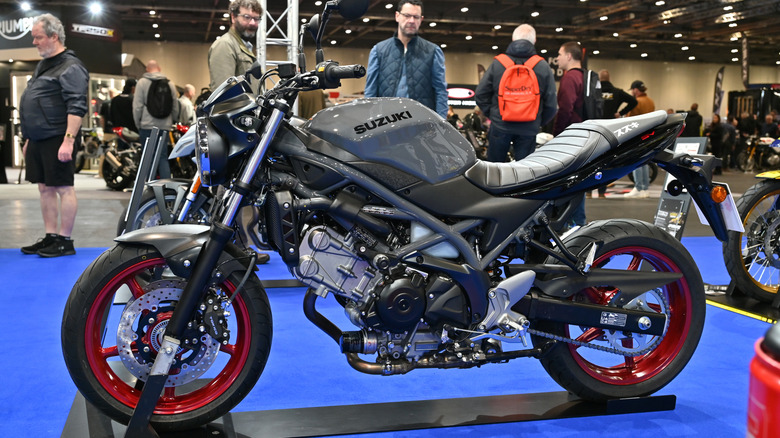 Dark grey Suzuki SV650 on display