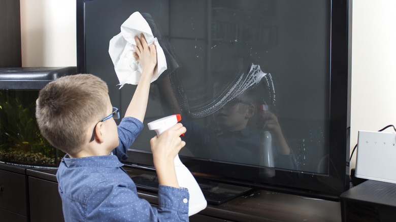 A child cleaning a flat-screen TV with conventional glass cleaner.