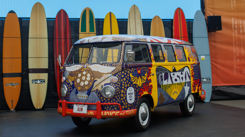 Front 3/4 view of 1963 VW "Light" bus recreation at International VW Bus Day event