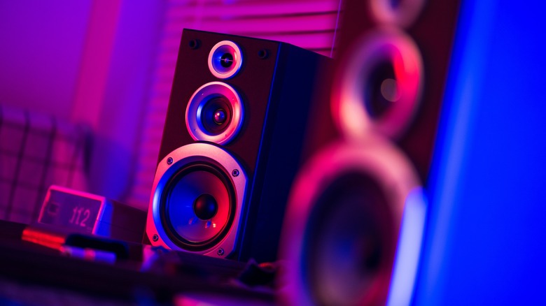 Speakers in purple lighting