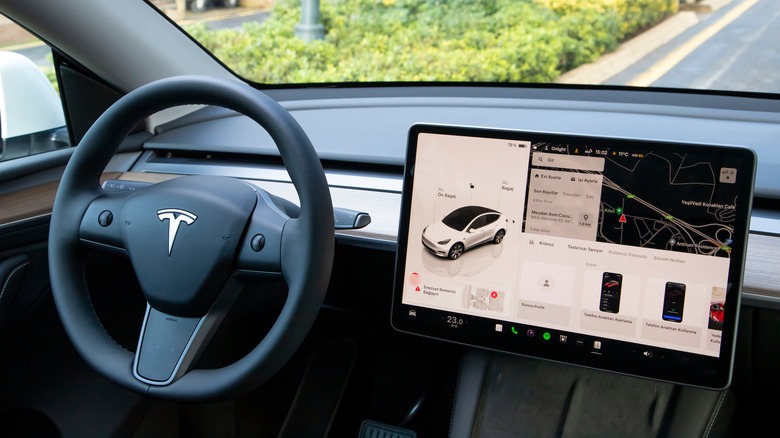 Tesla Model Y steering wheel and dashboard as viewed from inside of car