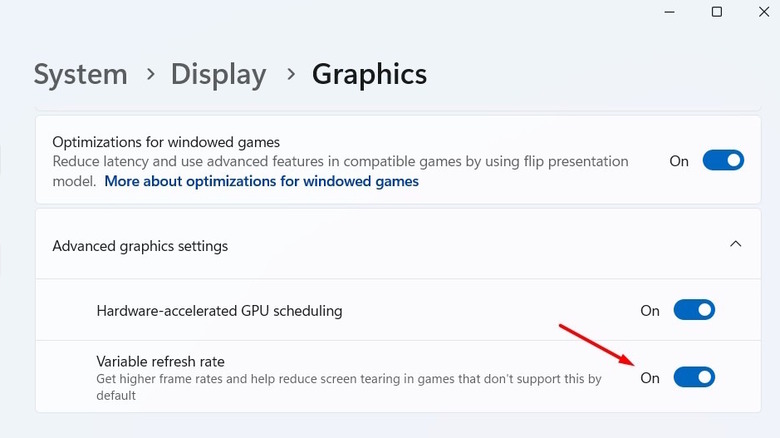 The "Variable Refresh Rate" toggle in the Windows Settings menu.