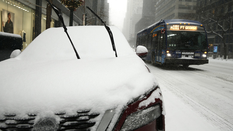 A busy road in the snow.