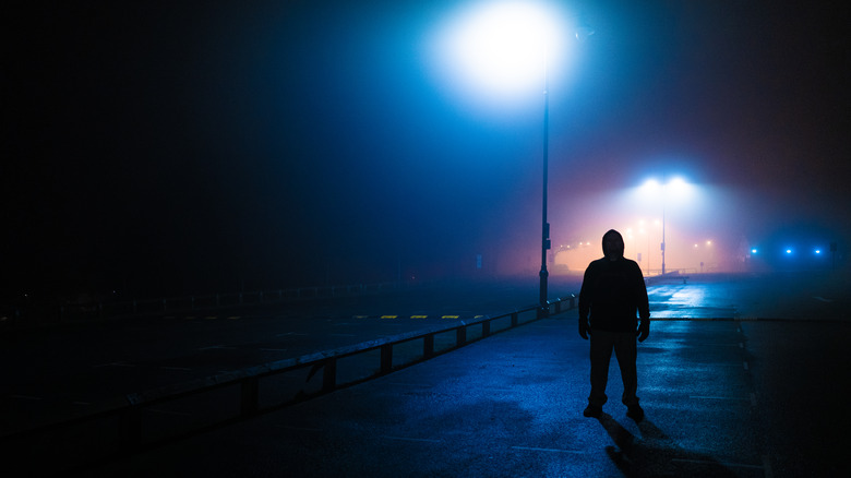 A man in hoodie standing under the streetlight at night