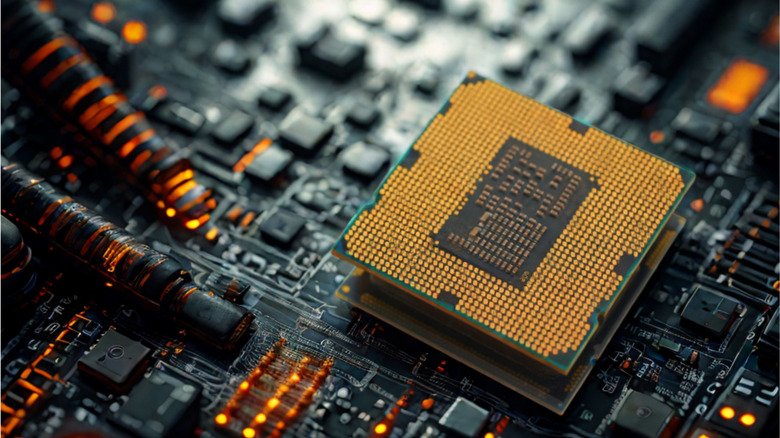 Close-up of a computer CPU upside down showing rows of gold pins