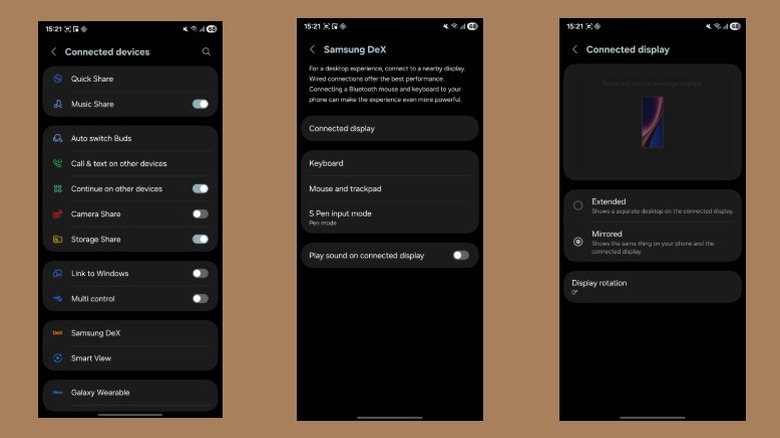 Configuring the connected display to work in Mirrored mode on a Samsung phone.