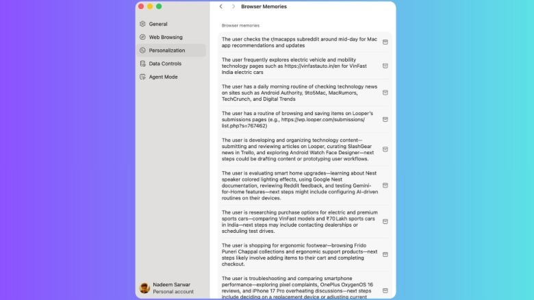 Screenshot displaying the data tracked by ChatGPT Atlas.