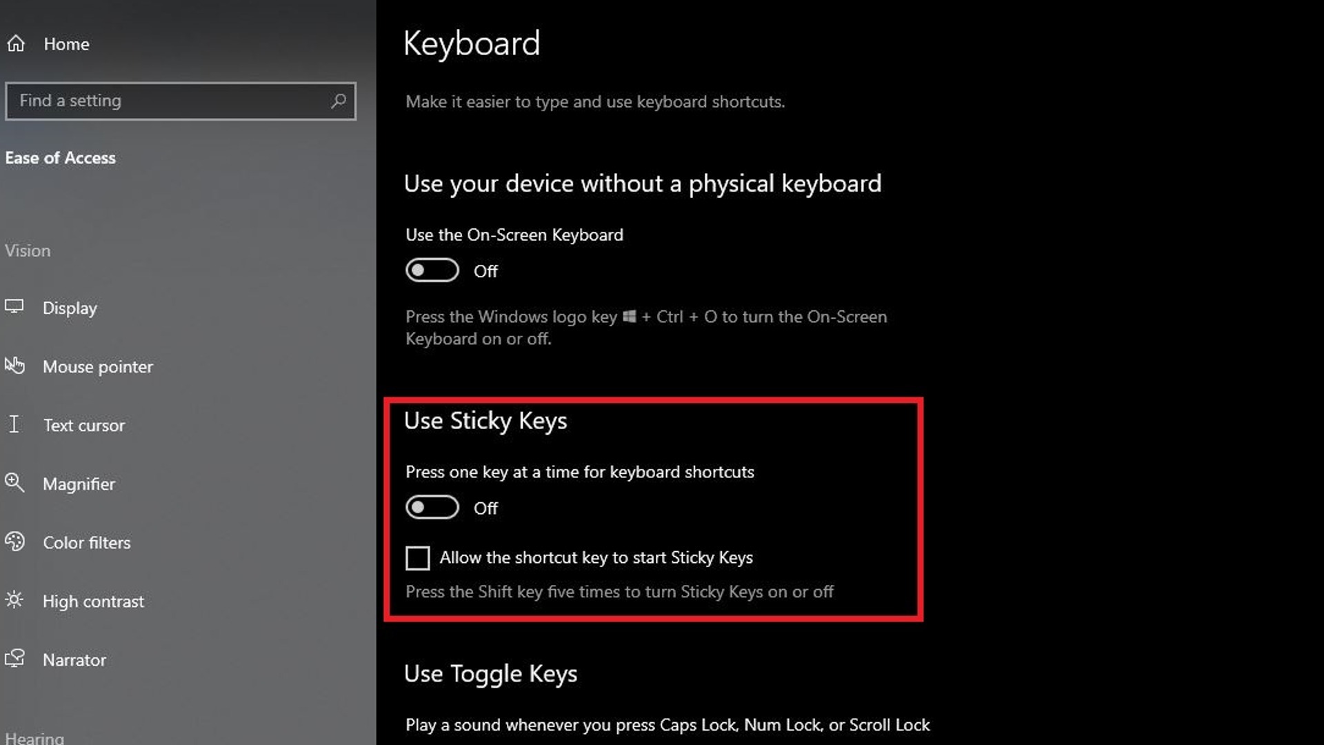 Windows 10 keyboard settings sticky keys highlighted
