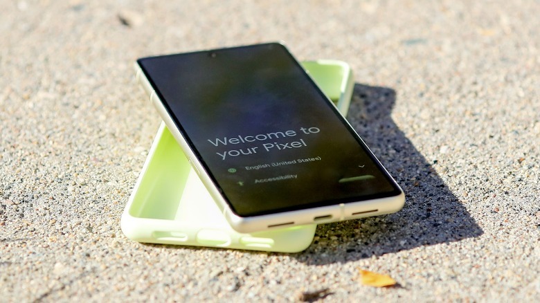 Google Pixel on case on ground