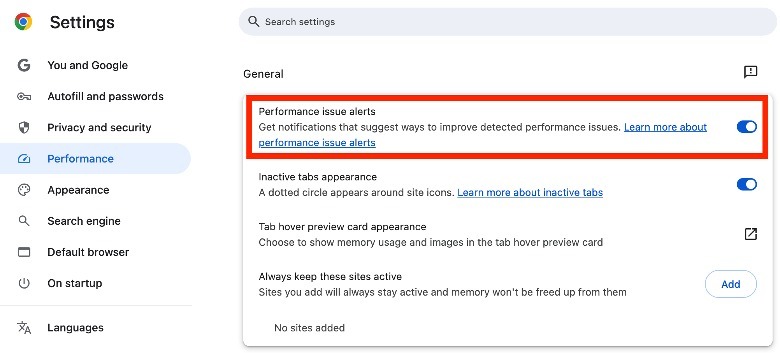 Performance issue alerts feature in Chrome browser.