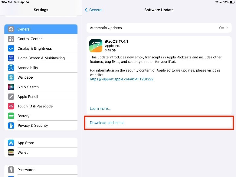 iPad Software Update screen