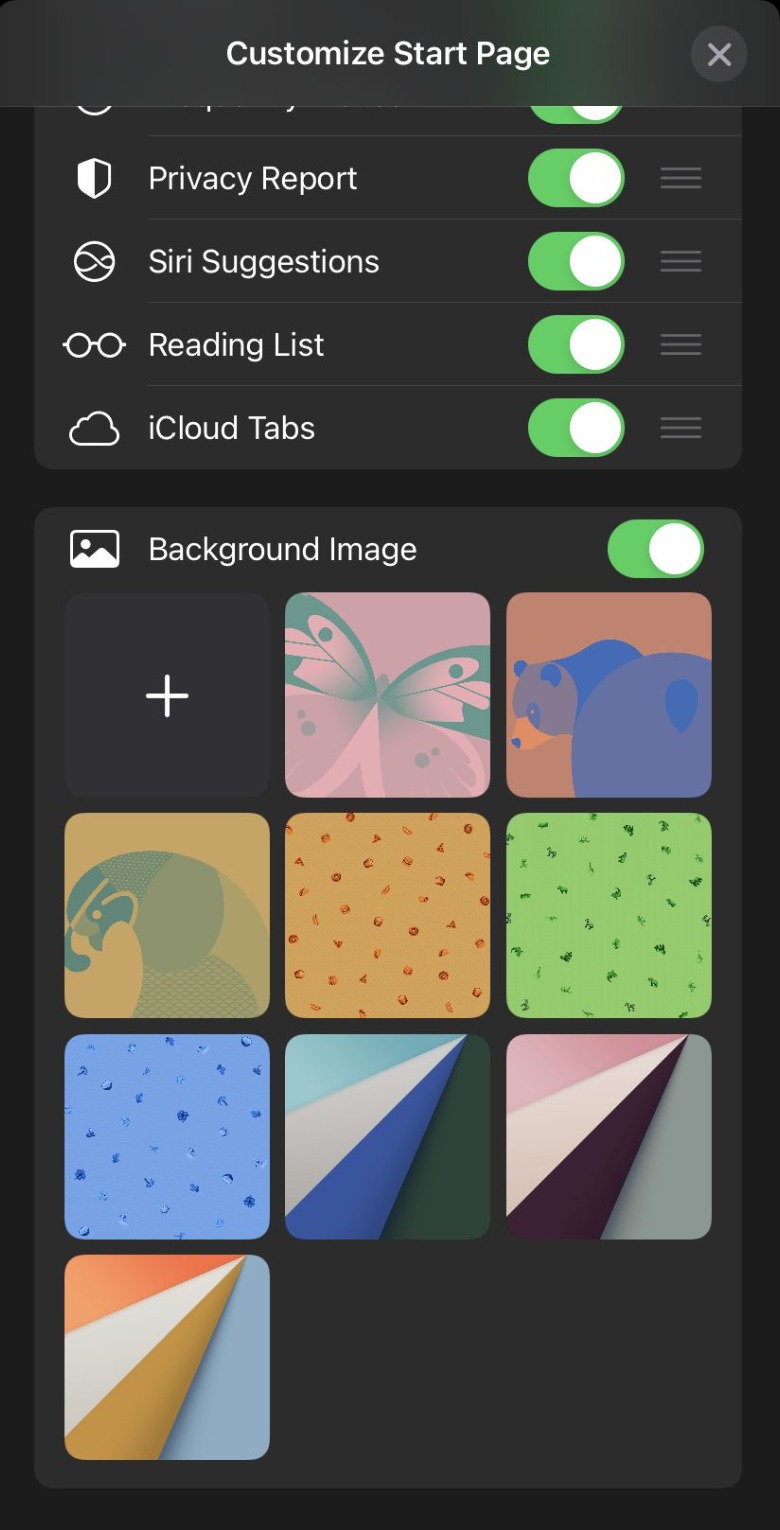 Safari customize start page screen