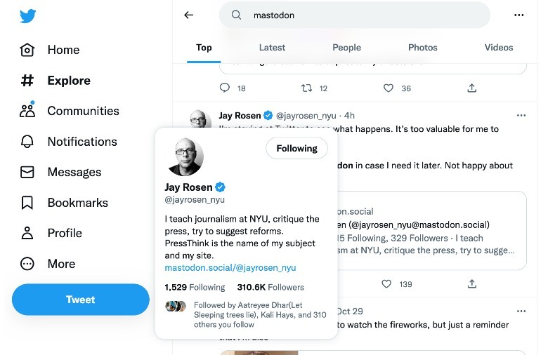 A Twitter profile with mention of a Mastodon link.