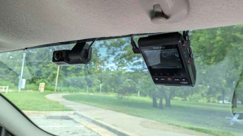 Dash cam in front windshield.
