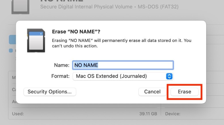 Disk Utility erase dialog box
