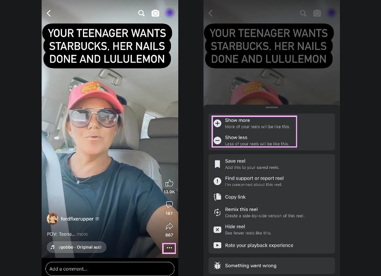 Facebook Reels show more less