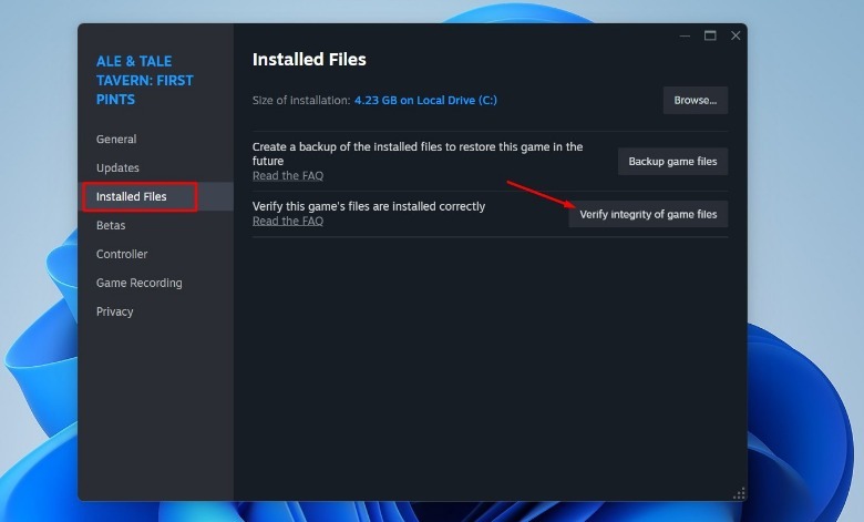Installed Files tab in the game properties menu.